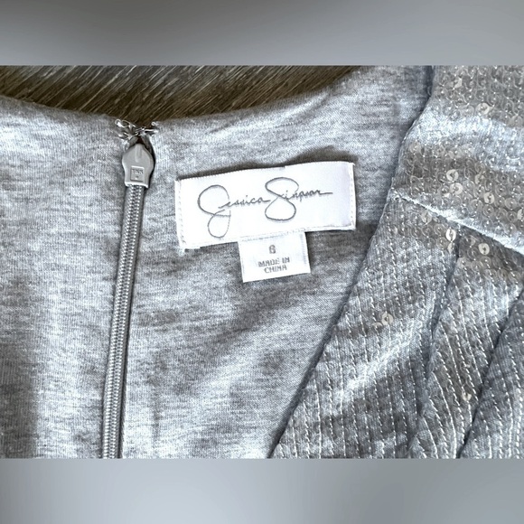 Jessica Simpson Gray Sequined Cap Sleeve Faux Wrap Surplice Dress. Size 6 - Picture 9 of 13